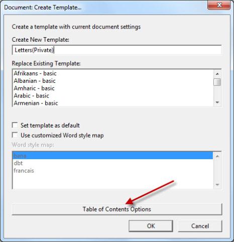 Image shows the Create Template dialog with a red arrow pointing to the "Table of Contents Options" button.