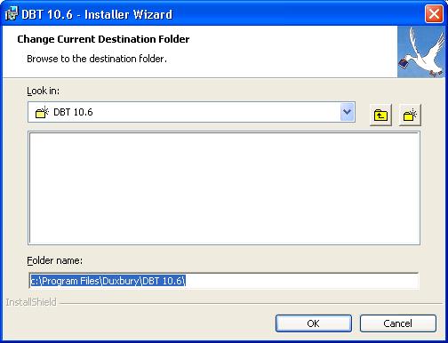 Image shows a dialog prompting to Change Current Destination Folder. There is a drop-down list showing the currently selected destination folder, toolbuttons to navigate to the parent directory or create a new subdirectory, an empty list showing the current contents of the destination folder, an editable text field showing the full path to the current destination folder, and OK and Cancel buttons.