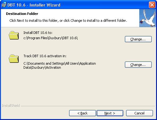 Image shows the installer's Destination Folder dialog. Two folder locations are shown as non-editable text. The first folder location is labelled "Install DBT 10.6 to:". The second folder location is labelled "Track DBT 10.6 activation in:". There is a button labelled "Change" next to each folder location. There are three buttons, labelled Back, Next, and Cancel, at the bottom of the dialog.