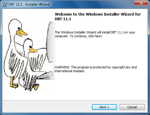 Image shows the welcome screen of the DBT 10.6 Installer Wizard. The screen has Next buton and a Cancel button.