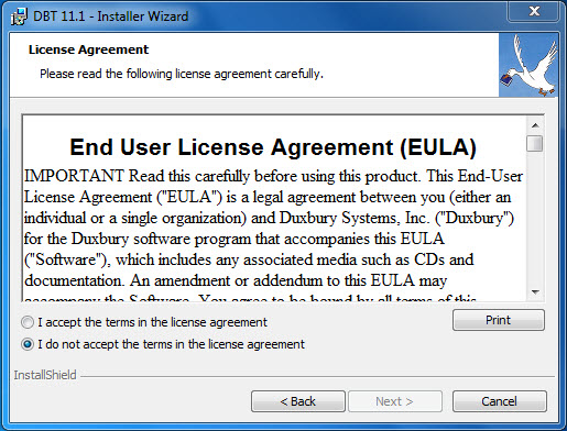 Image shows the DBT 10.6 End User License Agreement dialog. The dialog contains a scrollable text area for the license agreement, radiobuttons to accept or decline the agreement, and buttons labelled Print, Back, Next, and Cancel.