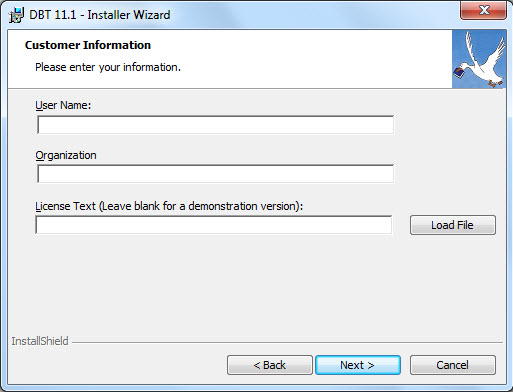 Image shows the Customer Information dialog of the installation process. The dialog contains places to type a User Name, Organization, and License Text, as well as buttons labelled Load File, Back, Next, and Cancel.