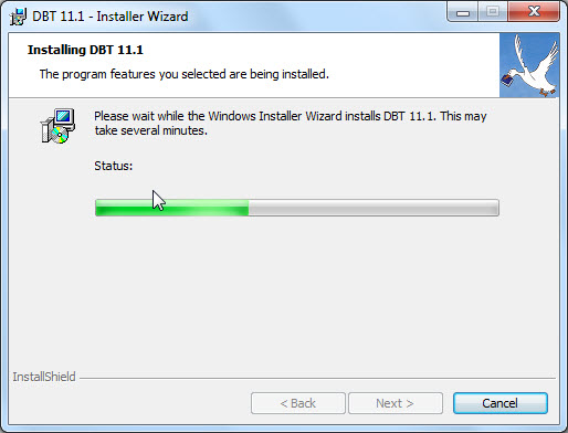 Image shows a dialog box with a progress bar and a Cancel button. Other buttons in the dialog are always disabled.