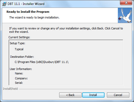 Image shows a dialog proclaiming that the Installer is Ready to Install the Program. A read-only text field shows some of the data entered in earlier dialogs. There are three buttons, labelled Back, Finish, and Cancel.