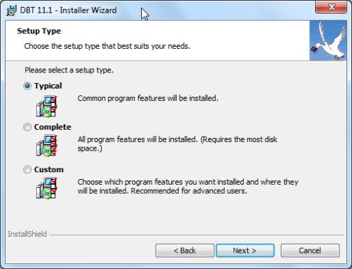 Image shows the Setup Type dialog. Radiobuttons allow you to select a Typical, Complete, or Custom installation. The dialog also contains buttons labelled Back, Next, and Cancel.