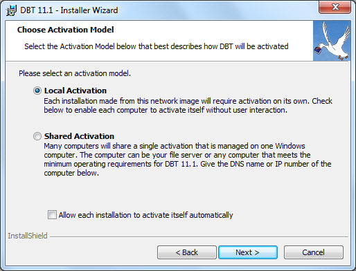 Image shows a dialog prompting to "Choose Activation Model". Radio buttons allow you to choose either Local Activation or Shared Activation. With Local Activation selected, there is a checkbox below the radio buttons labelled "Allow each installation to activate itself automatically". Buttons at the bottom are labelled Back, Next, and Cancel.
