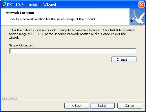 Image shows a dialog prompting for a network location. There is a text edit control where the location could be typed, a change button, and three buttons at the bottom of the dialog, labelled Back, Next, and Cancel.