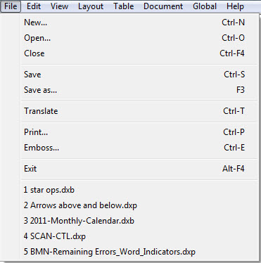 Image shows the File menu as described below.