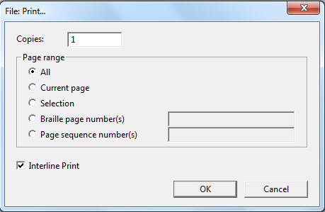 Image shows the Print dialog for Braille documents where there is an available Interline Print check box.