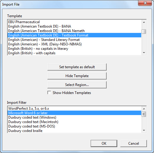 Image shows DBT's Import File menu