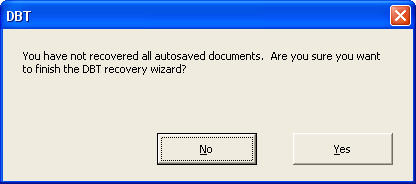 Image shows warning dialog advising that you have not recovered all documents, and asking if you wish to exit the recover wizard.