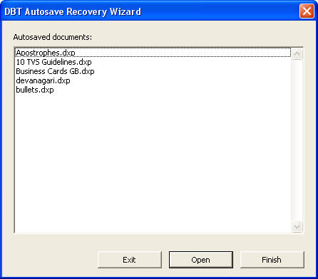 Image shows the DBT Autosave Recovery Wizard listing Autosaved documents..