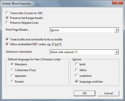 Image shows the Global: Word Importer dialog