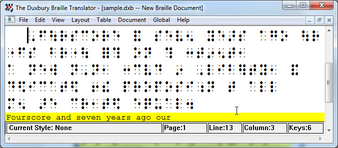 Image shows the DBT Braille editor window with the backtranslated equivalent of the line the cursor is located on.