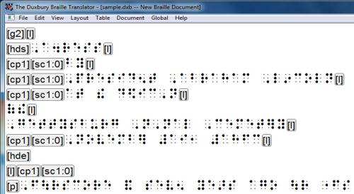 Image shows a Braille file with codes displayed.  The braille font used here is Simbraille.