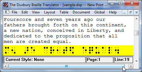 Image shows the DBT Text editor window with a yellow bar at the bottom of the window displaying the braille equivalent of the line where the cursor is located.