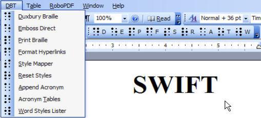 Image shows a Word 2003 screen displaying SWIFT's Menu and Tool Bar.