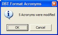 Image shows confirmation screen advising of the number of acronyms that have been modified in the document.