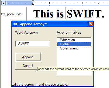 Image shows the Append Acronym dialog on Word Screen ready to add SWIFT as an acronym.