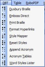 Image shows SWIFT's Menu which appears in Word as DBT