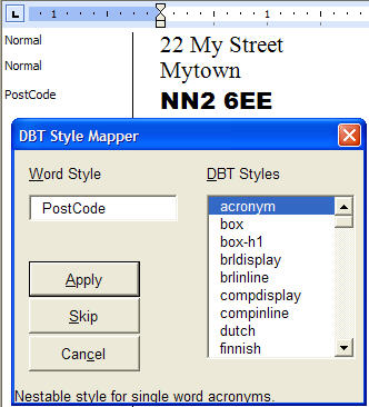 Image shows the Style Mapper and a Word screen where a Style  Called "Post Code" is being mapped to DBT's acronym Style