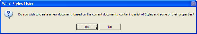Image shows dialog asking if you wish to create a new document containing a list of all styles available.