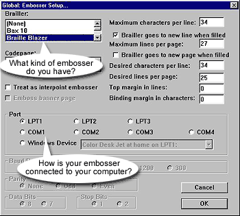 The Embosser Setup Dialog