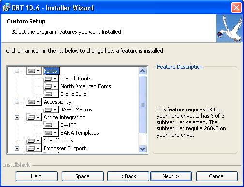 Image shows a Feature Selection dialog. There is a tree control on the left, listing features, an informatoinal panel on the right, describing the feature selected in the tree control, and buttons along the bottom labelled Help, Space, Back, Next, and Cancel.