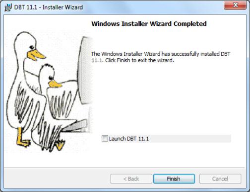Image shows a dialog announcing that DBT installation is complete. The dialog contains a checkbox labelled "Launch DBT 10.6" and a button labelled Finish. The checkbox is not checked.