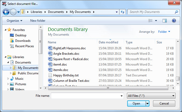 Image shows the Open File dialog, which is actually titled "Select document file".