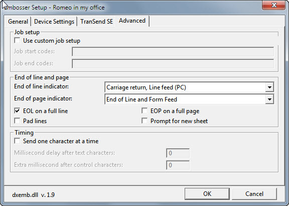 Image shows Global Embosser Setup, Advanced Dialog.