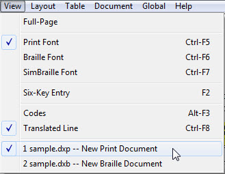 Image shows the View menu, with two open files.  The second is ticked to show that it is in focus.