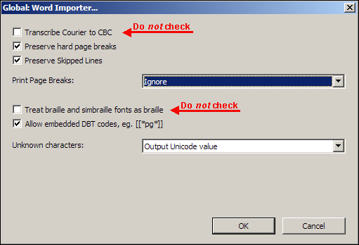 Image shows DBT's Global: Word Importer dialog with red arrows pointing to the items which must NOT be checked.