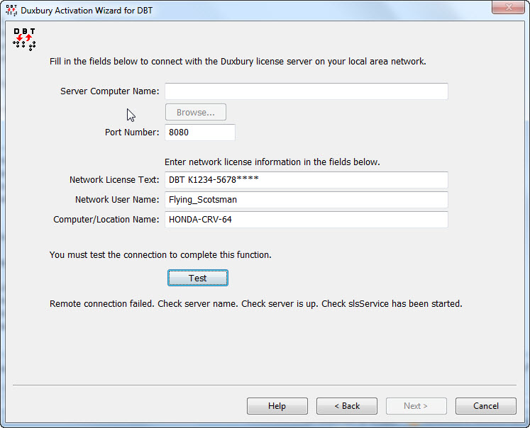 Image shows the details required to connect your system to you License Server