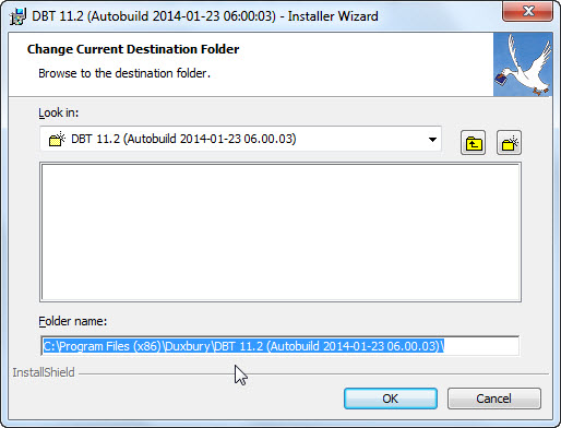 Image shows a dialog prompting to Change Current Destination Folder. There is a drop-down list showing the currently selected destination folder, toolbuttons to navigate to the parent directory or create a new subdirectory, an empty list showing the current contents of the destination folder, an editable text field showing the full path to the current destination folder, and OK and Cancel buttons.