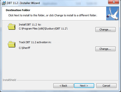 Image shows the installer's Destination Folder dialog. Two folder locations are shown as non-editable text. The first folder location is labelled "Install DBT 10.6 to:". The second folder location is labelled "Track DBT 10.6 activation in:". There is a button labelled "Change" next to each folder location. There are three buttons, labelled Back, Next, and Cancel, at the bottom of the dialog.