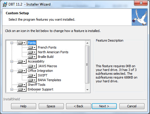 Image shows a Feature Selection dialog. There is a tree control on the left, listing features, an informatoinal panel on the right, describing the feature selected in the tree control, and buttons along the bottom labelled Help, Space, Back, Next, and Cancel.