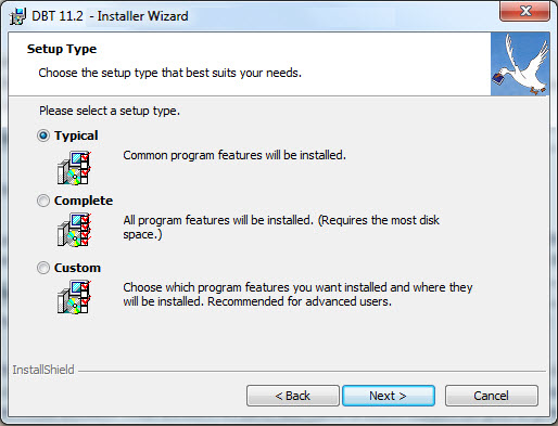 Image shows Installer Wizard with Redio Buttoms to select Typical, Complete or Custom installation