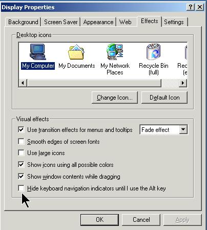Image shows Windows's Display Properties where a check box against "Hide keyboard navigation..." can be unchecked to ensure navigation letter always show.