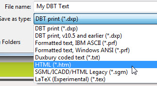Image shows DBT's Save As File Type list.