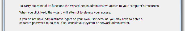 Image of warning message that you require administrative access to perform the selected task