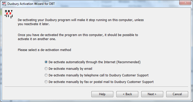 Image shows four radio button options for submitting de-activation details to Duxbury Systems