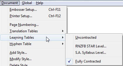 Image shows Document Drop down menu with Learning Tables sub-menu displayed.