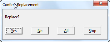 Image shows the "Confirm replace" dialog which has four buttons. Yes, No, All and Stop.