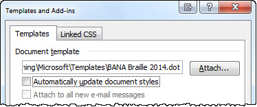 Word 2003 Templates and Add-ins dialog, with "Automatically updated document styles" now unchecked