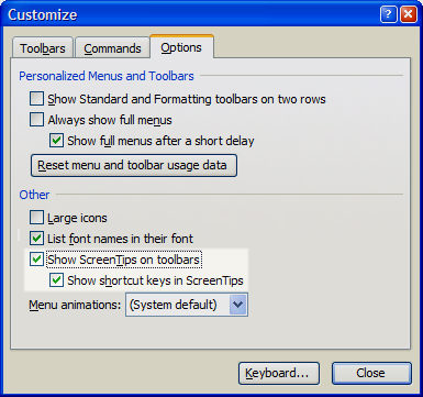 Word 2003 Customize dialog for showing ScreenTips