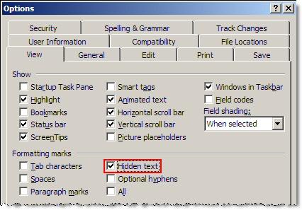 Word 2003 Options dialog with Hidden text checked