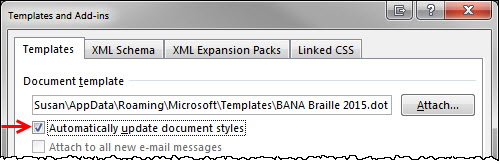 Templates and Add-ins dialog showing "Automatically update document styles" checkbox checked