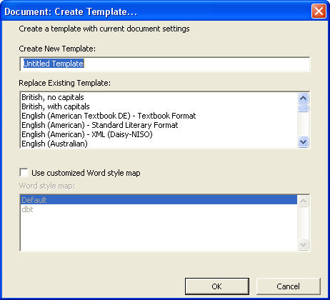 Image shows Document: Create Template dialog.