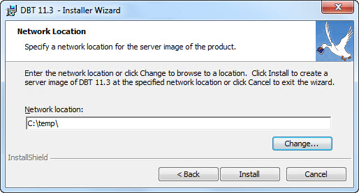 Image shows a dialogue with text that prompts for a network location and a text field where that location can be entered. It also holds a Change button and Back, Next, and Cancel buttons.